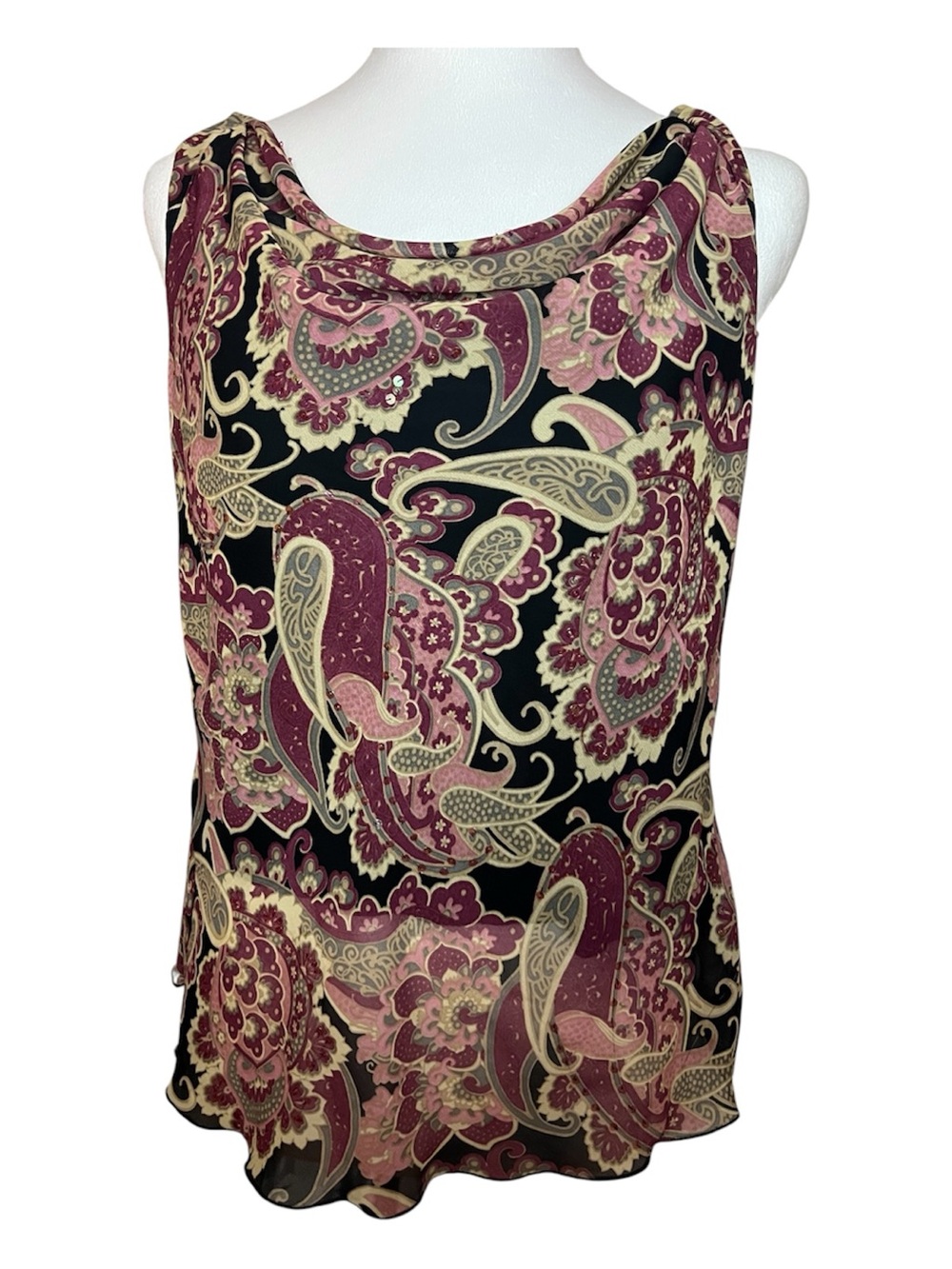 Vintage jonathan martin Burgundy Paisley Sequin Cowl Neck Sleeveless Top